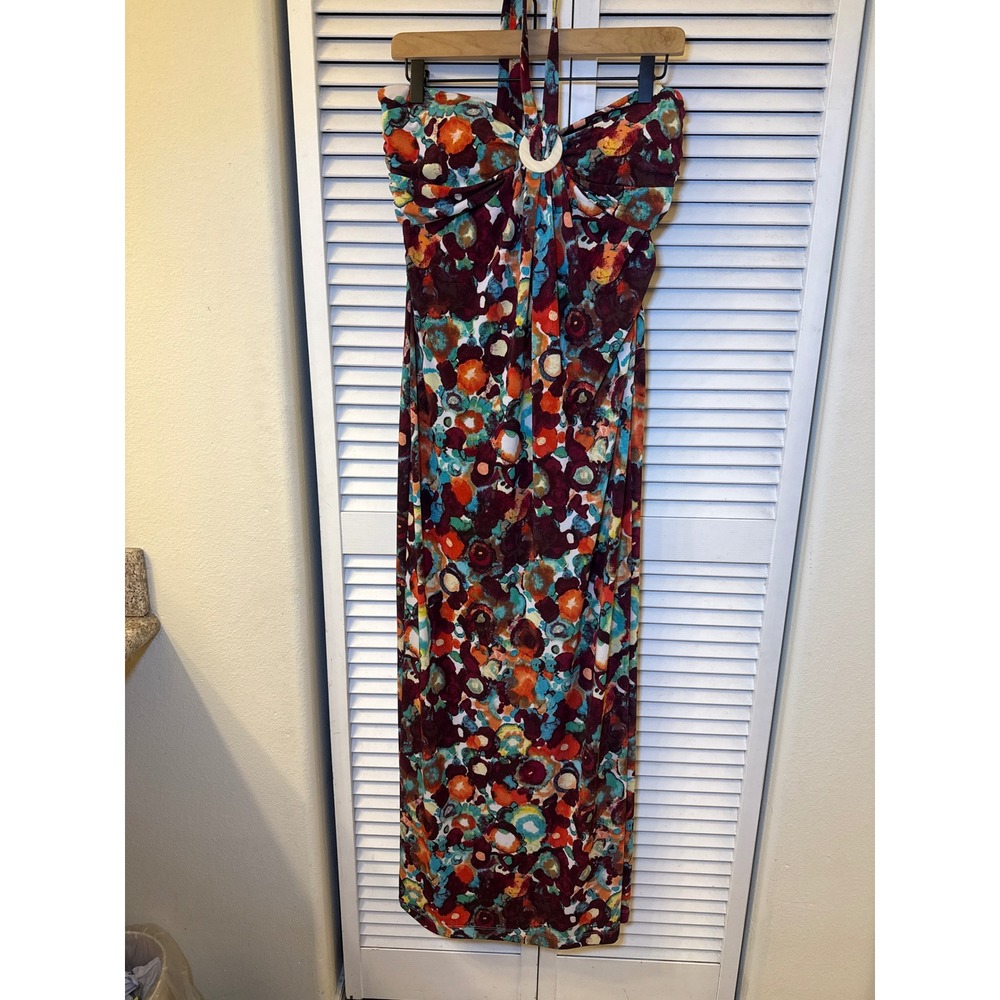 Nine West Floral Halter Maxi Dress Burgundy Teal Orange Ring Detail Size 10